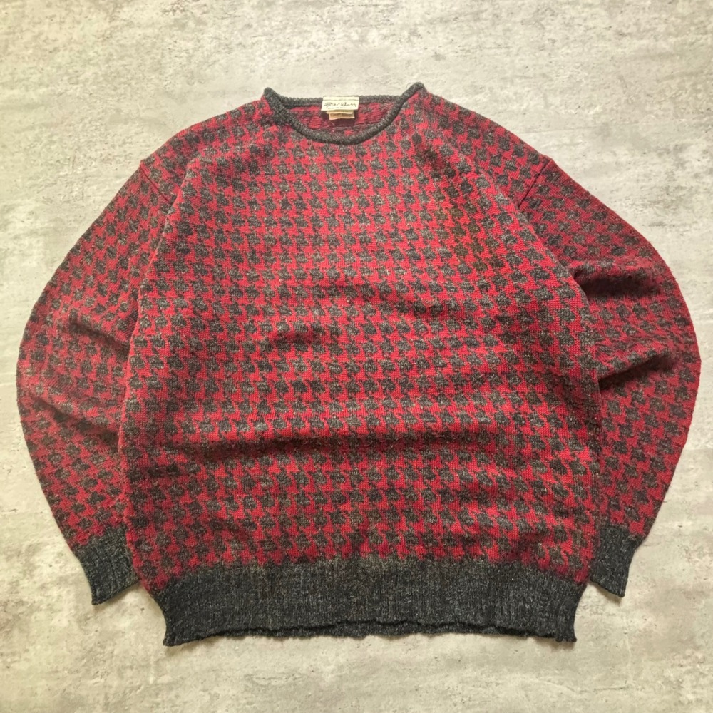 Peter Werth Sweater Medium Red Grey Houndstooth Knit Crew Neck Made in Britain